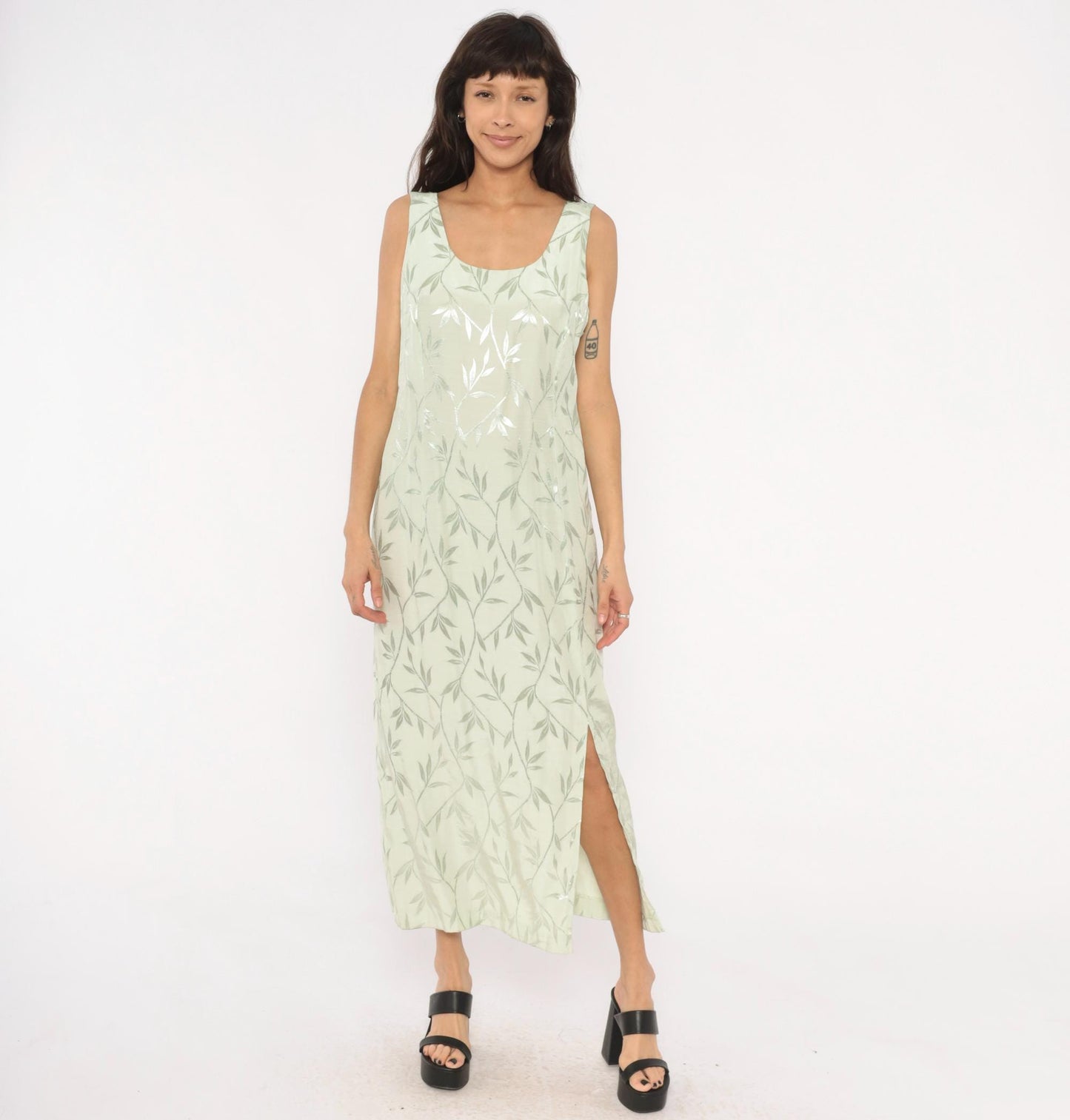 90s Sage Green Leaf Print Maxi Dress Sleeveless Scoop Neck Column Slit Ankle Large L