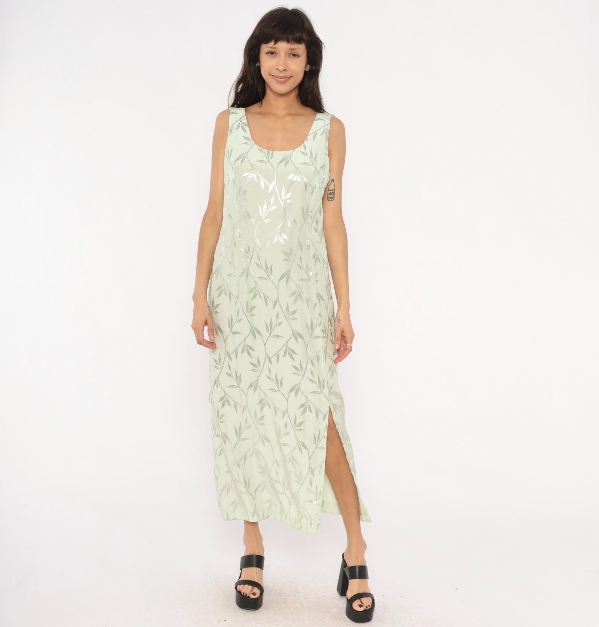 90s Sage Green Leaf Print Maxi Dress Sleeveless Scoop Neck Column Slit Ankle Large L