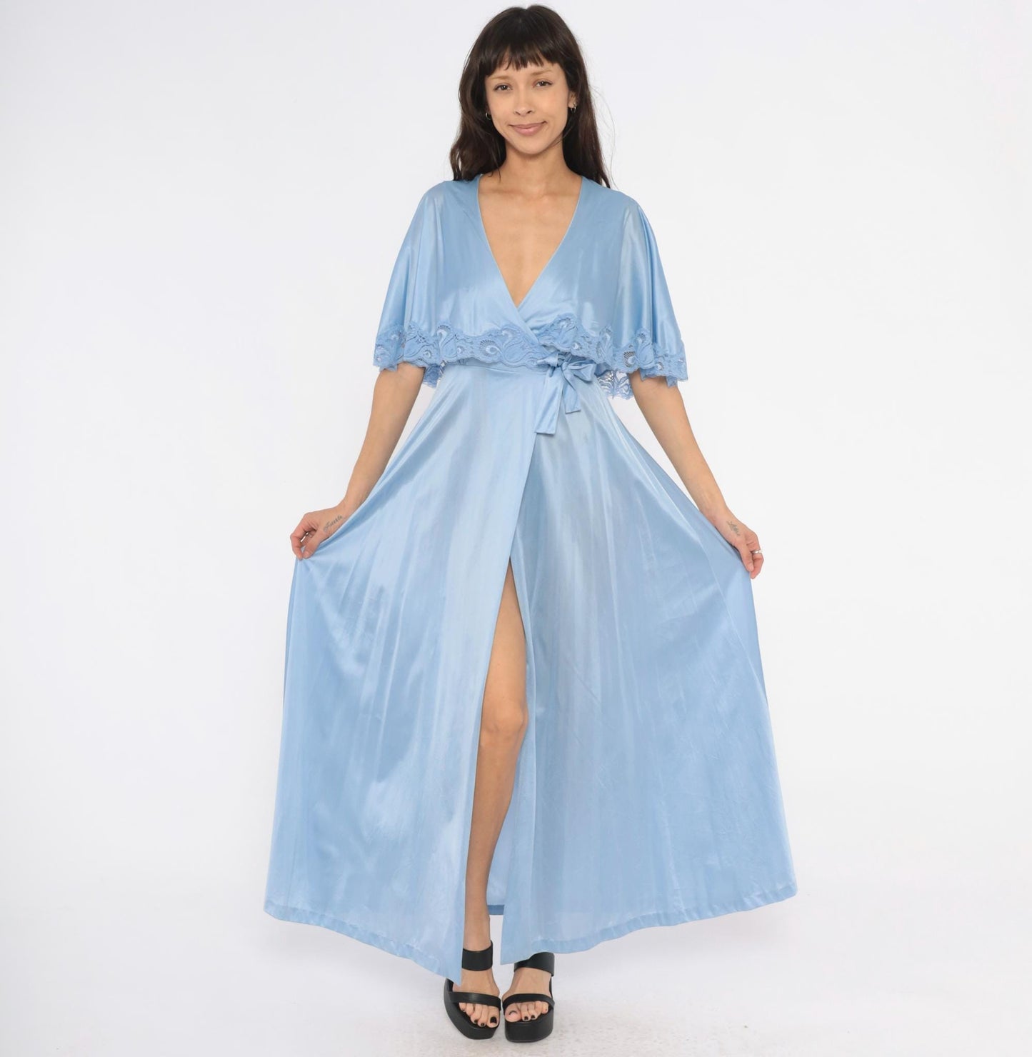 70s Lily of France Powder Blue Maxi Robe Wrap Nylon Lace Trim Small S