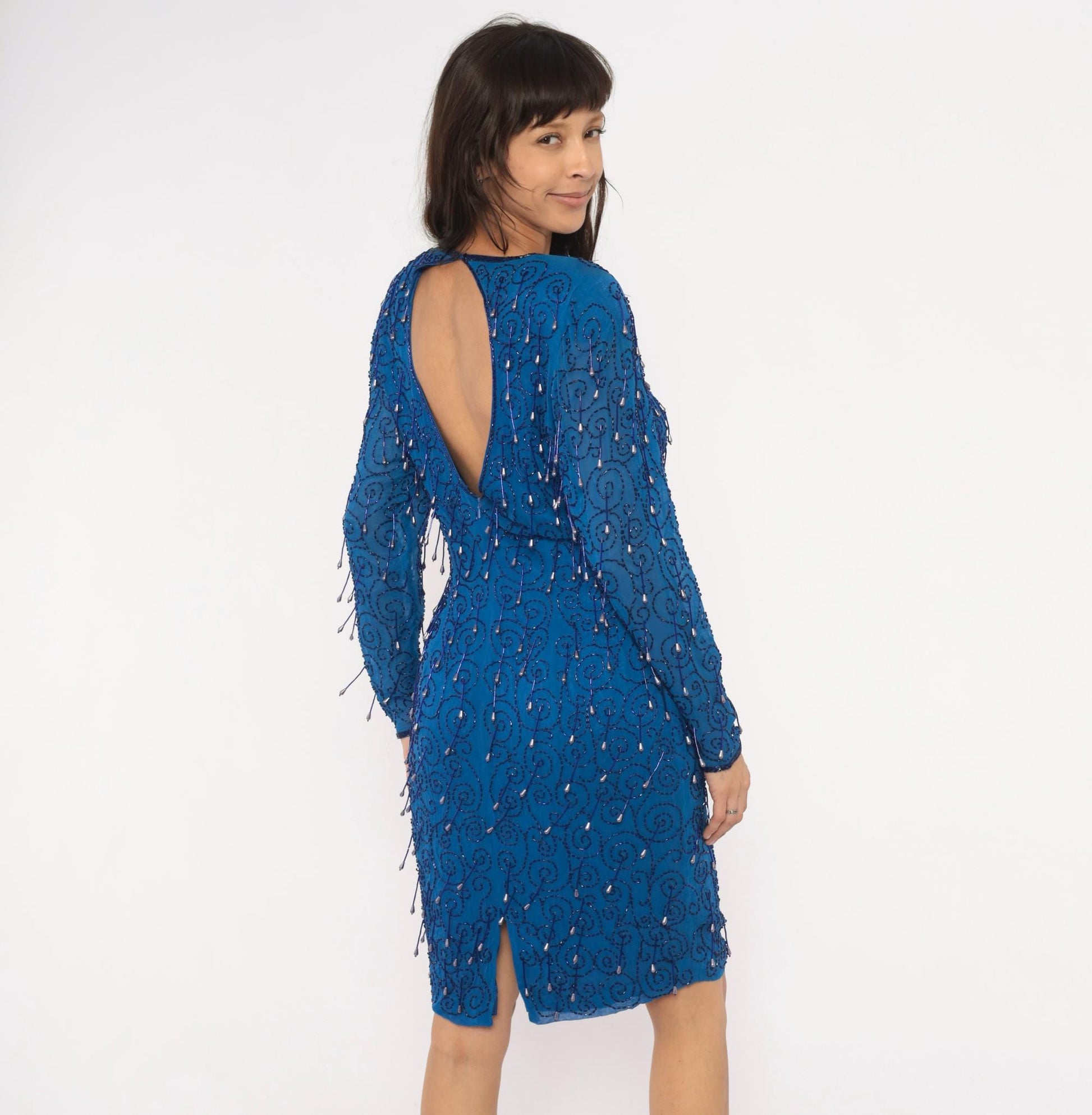 90s Cobalt Blue Beaded Knee-Length Dress Open Back Long Sleeve Large L