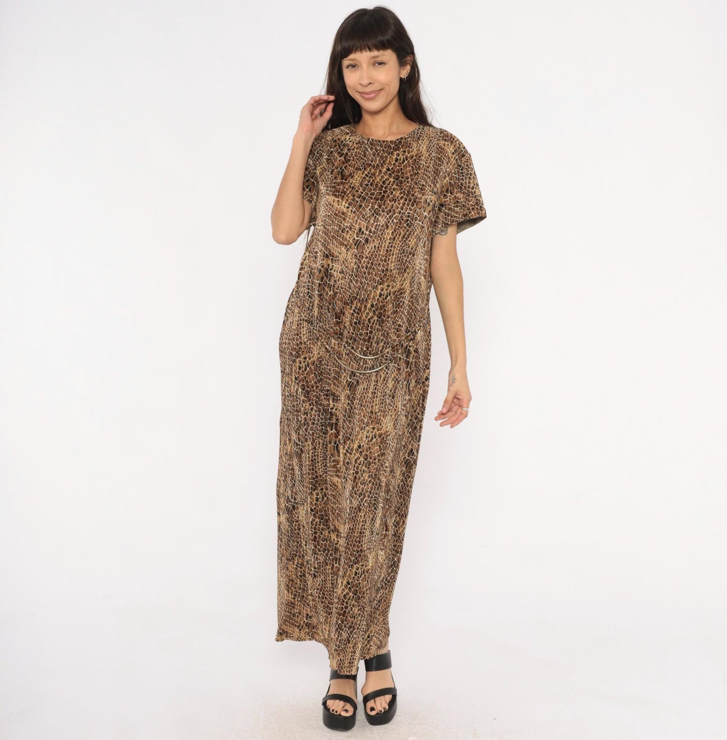 90s Scarlett Snakeskin Maxi Dress Brown Tan Black Animal Print Shift Extra Large