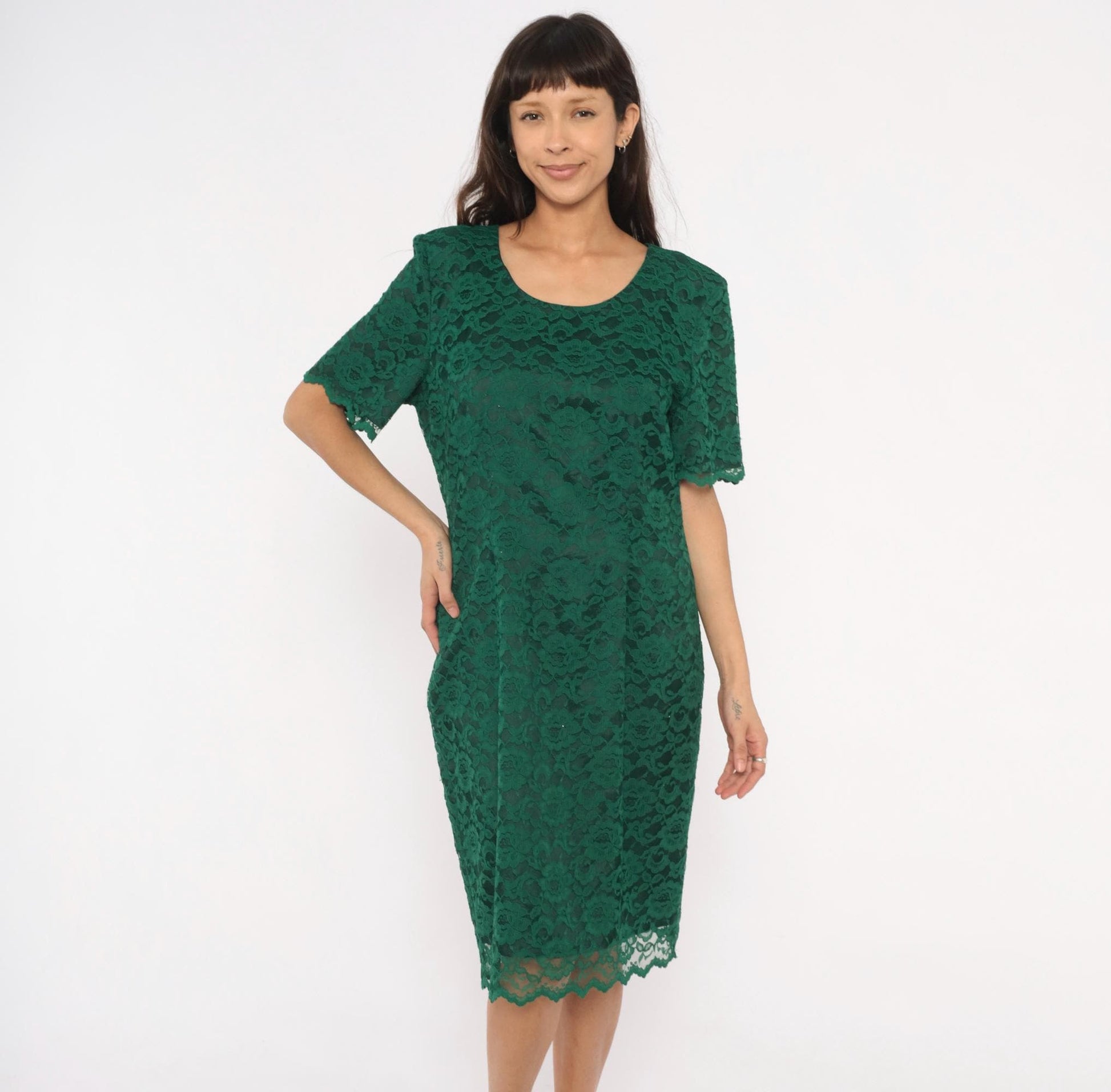 90s My Michelle Emerald Lace Dress Scalloped Hem Short Sleeve Knee-Length Extra Large