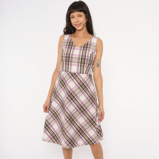 90s Kari Lavender Plaid Sundress V-Neck Mini Check Small