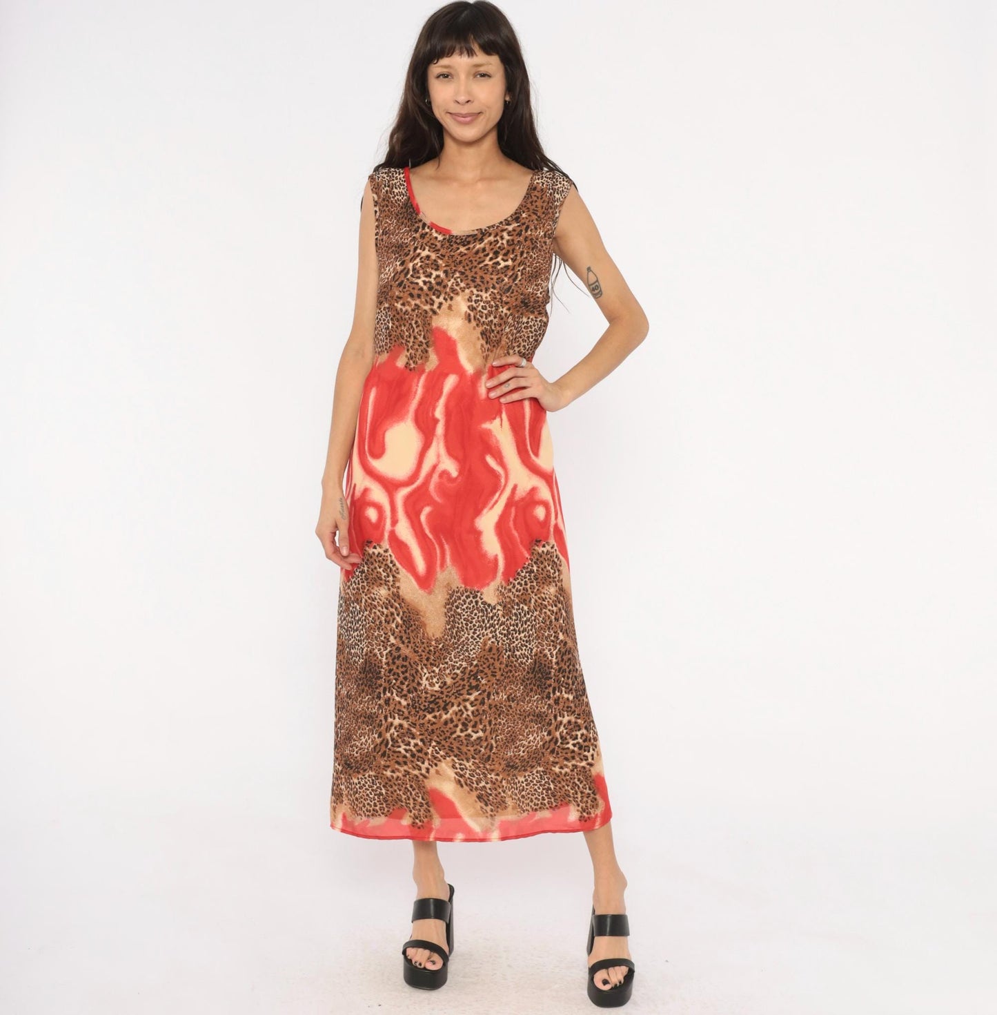 90s Leopard Flame Print Maxi Dress Sleeveless Scoop Neck Chiffon Tie Back XXL