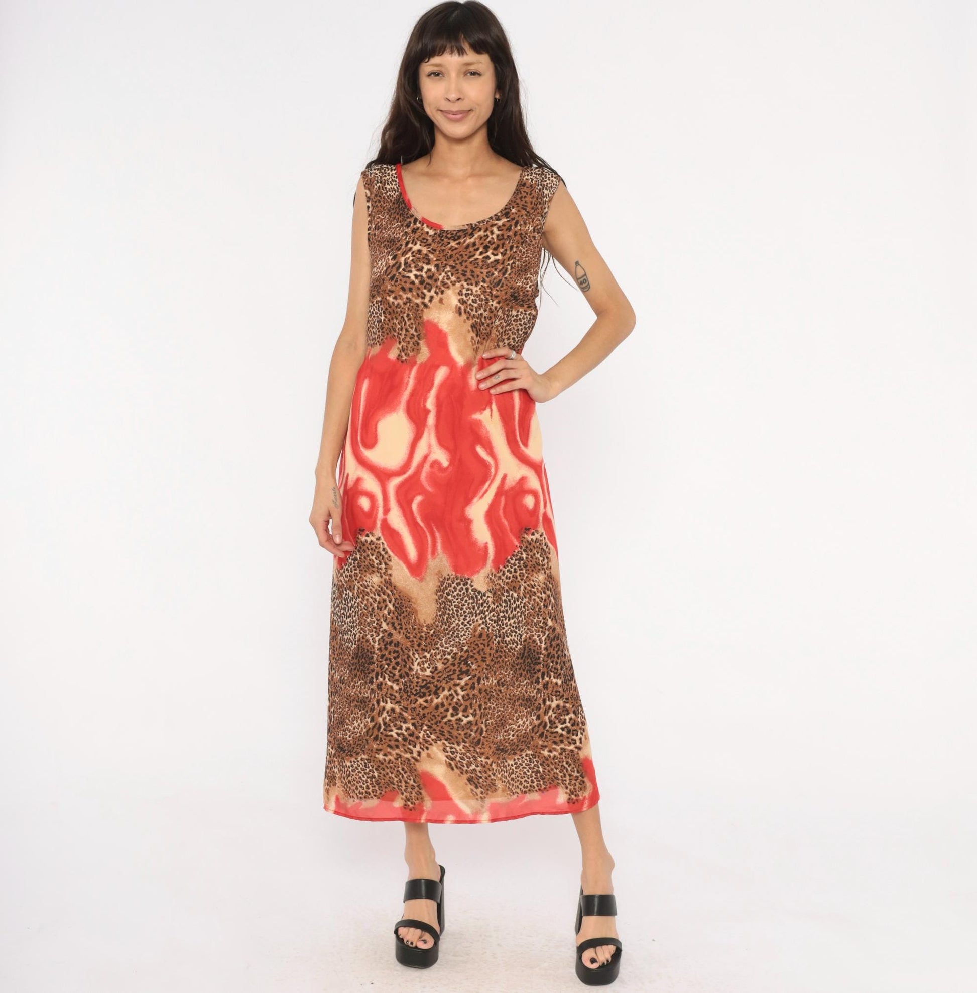 90s Leopard Flame Print Maxi Dress Sleeveless Scoop Neck Chiffon Tie Back XXL
