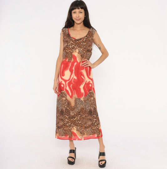 90s Leopard Flame Print Maxi Dress Sleeveless Scoop Neck Chiffon Tie Back XXL