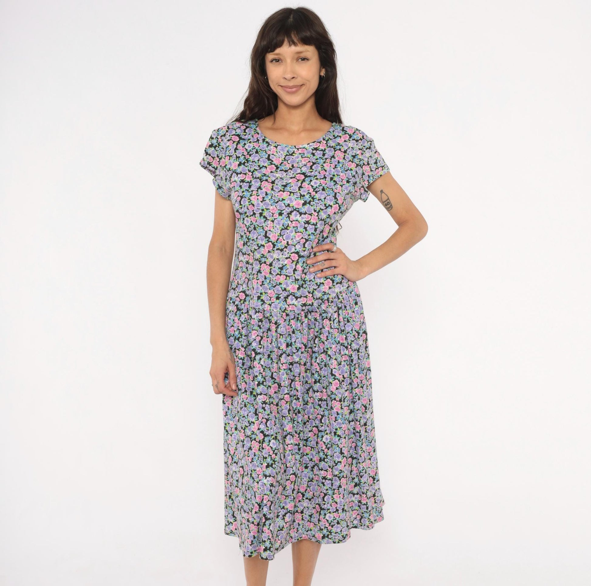 90s Sunshine Starshine Floral Midi Dress Purple Pink Rose Cap Sleeve Large