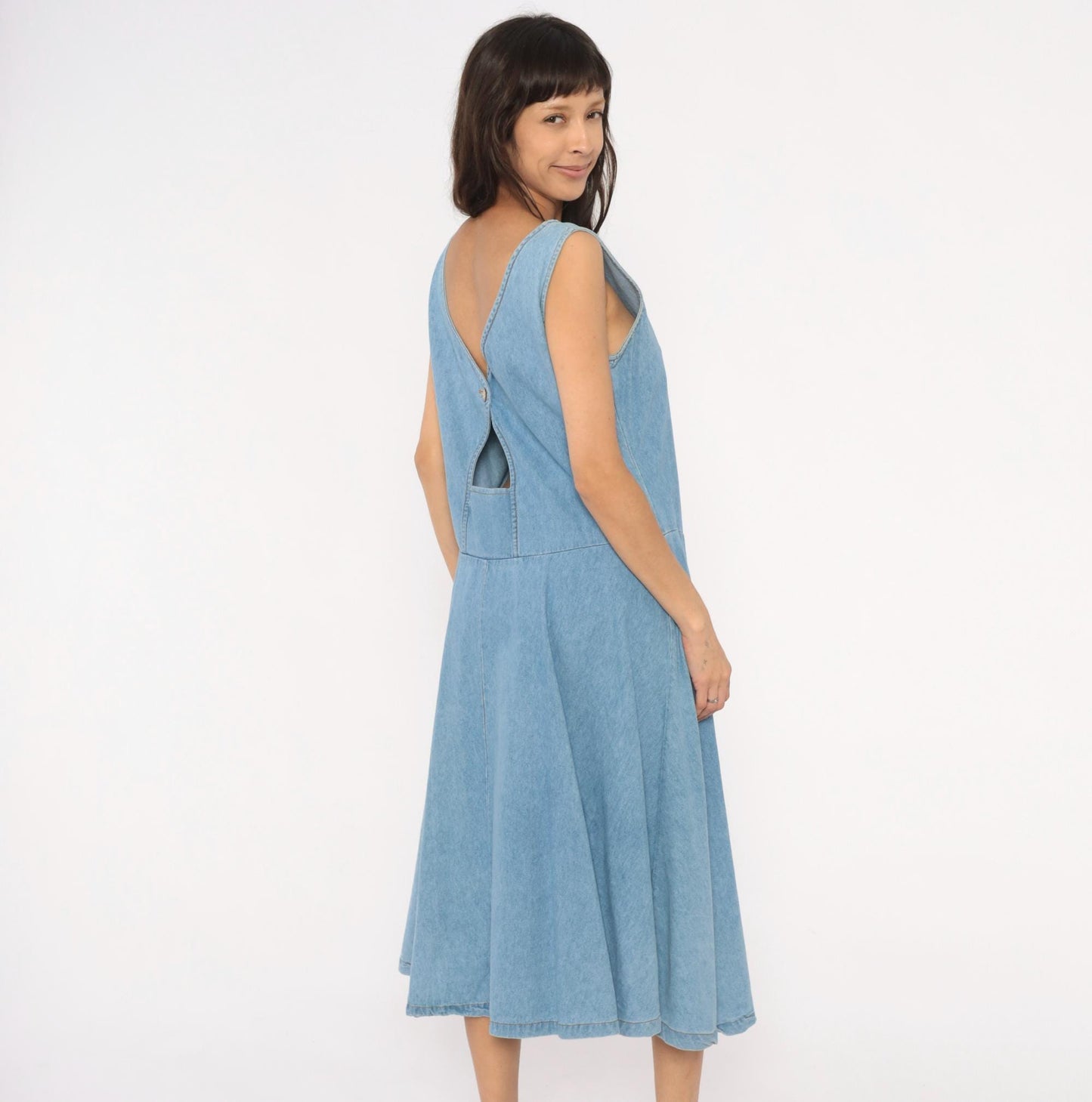90s Splendid Light Blue Denim Midi Sundress Open Back Medium M