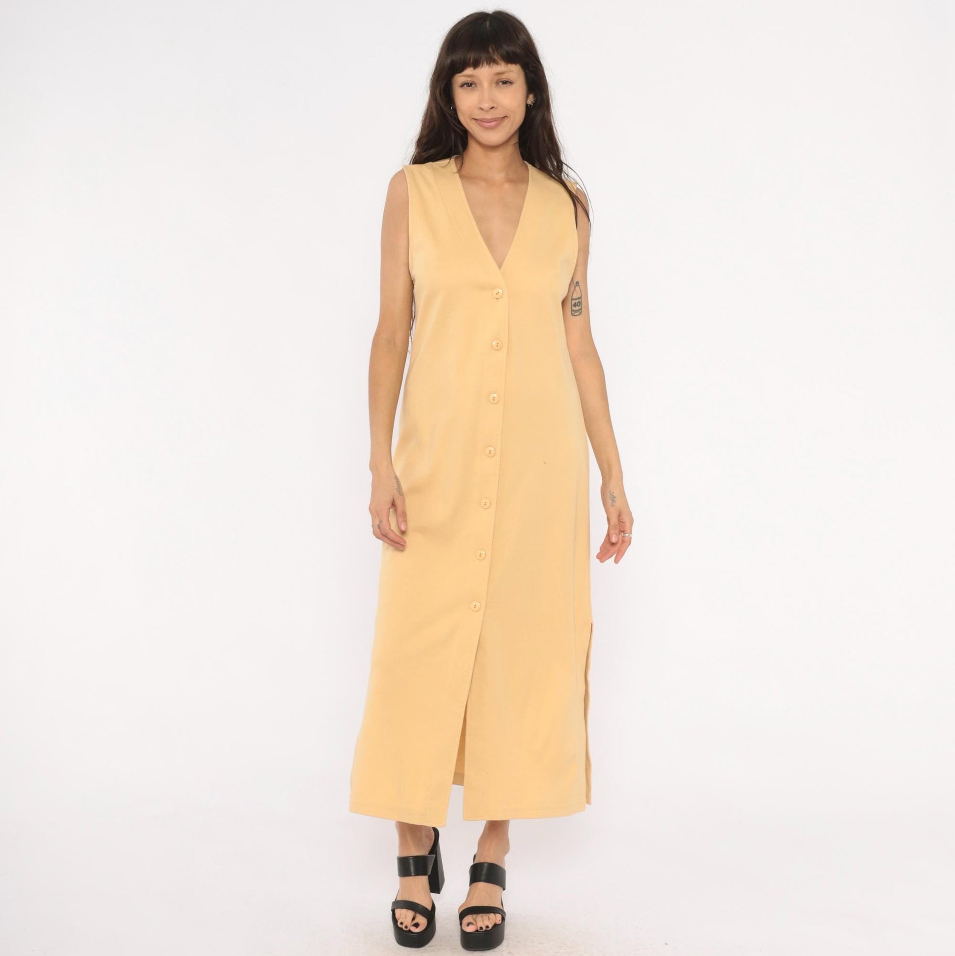 90s Weekenders Tan Maxi Dress Sleeveless V Neck Button Front Small