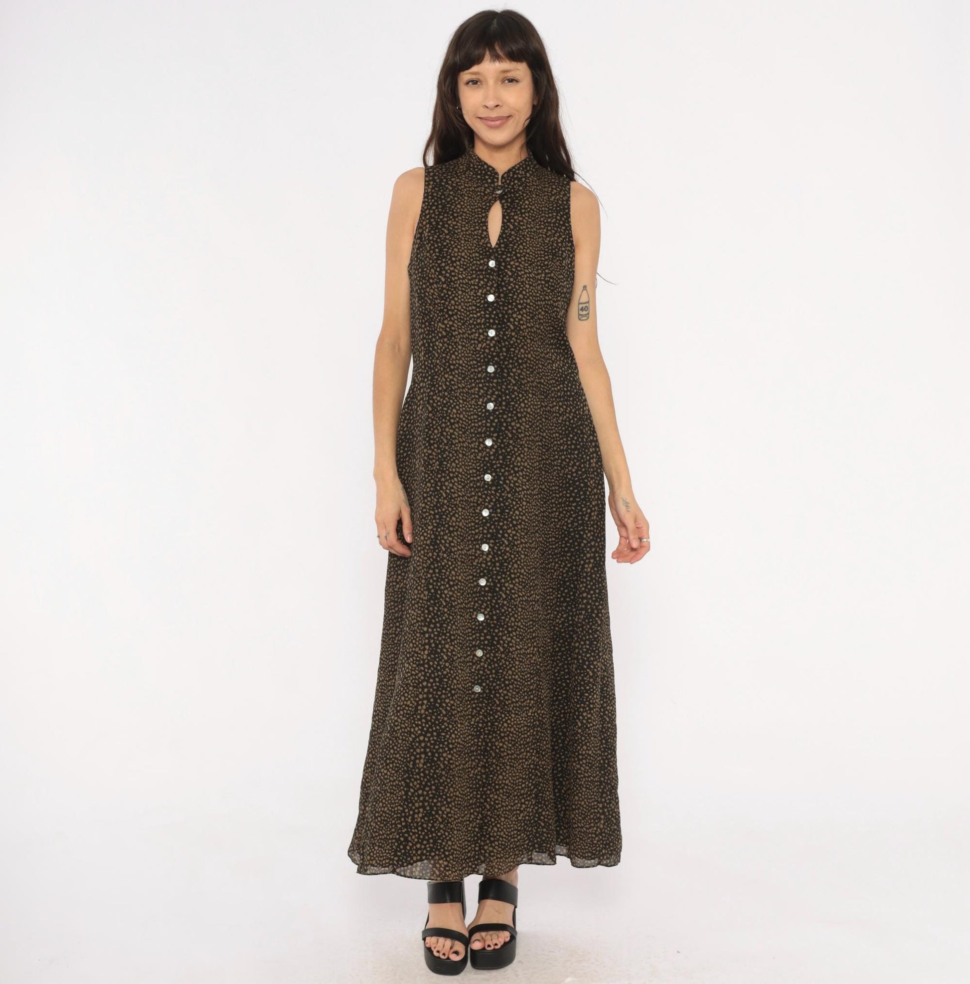 90s David Warren New York Maxi Dress Mandarin Collar Keyhole Black Tan Spotted Large L