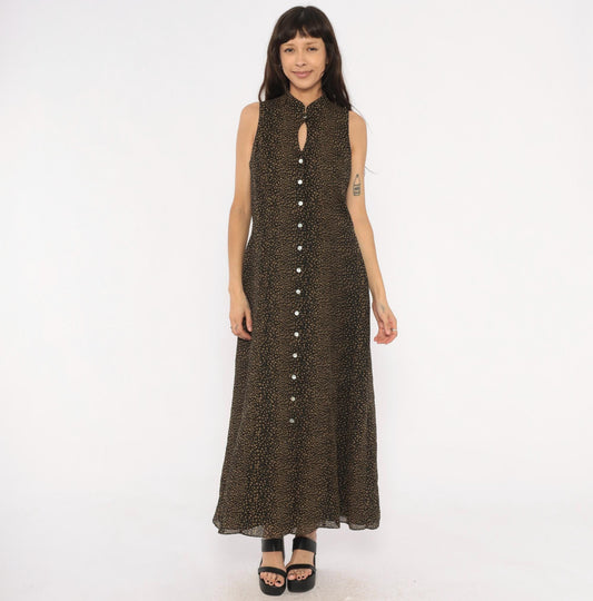90s David Warren New York Maxi Dress Mandarin Collar Keyhole Black Tan Spotted Large L