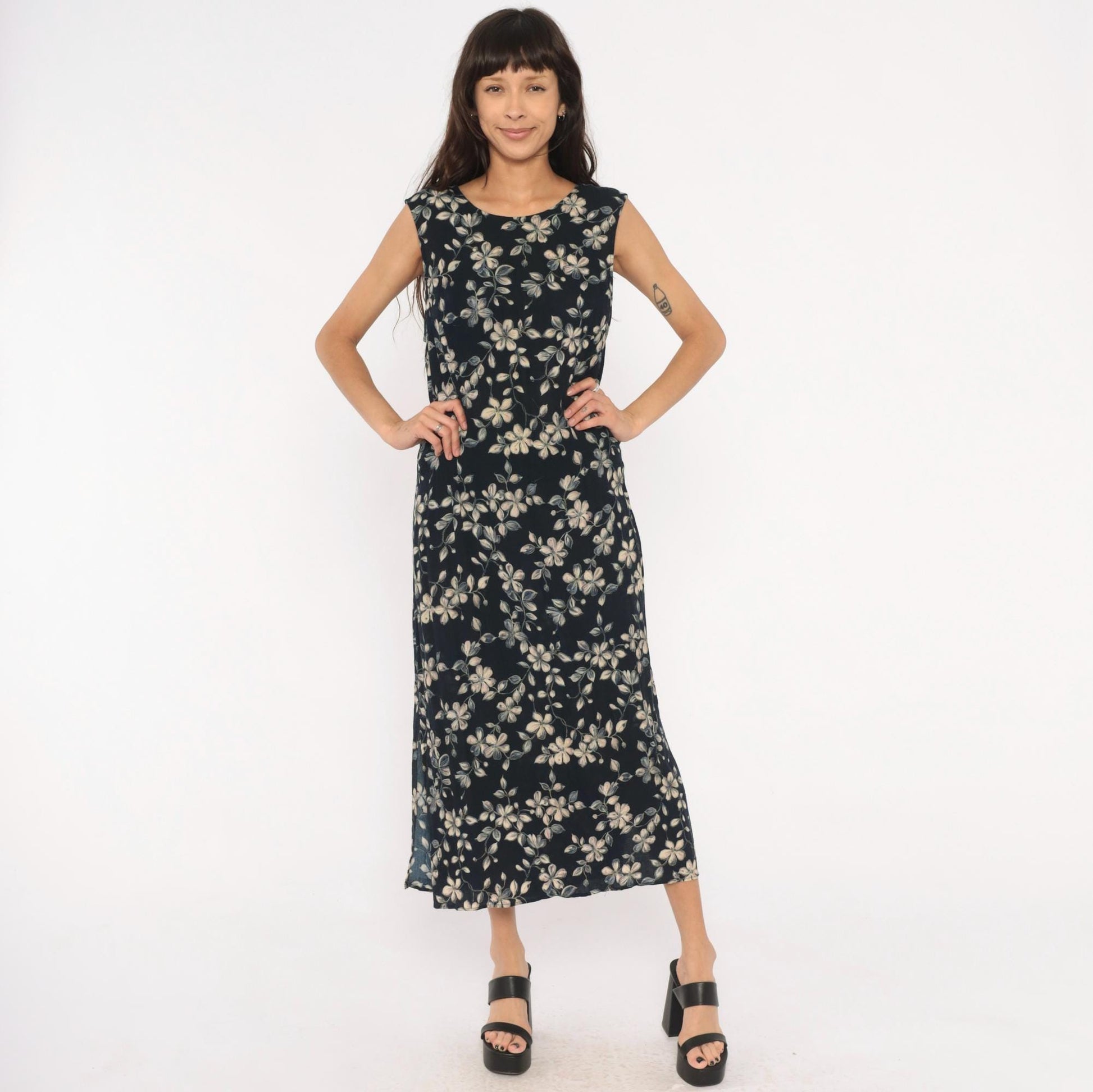 90s Northern Reflections Floral Maxi Dress Navy Cream Grey Keyhole Tie Back Large