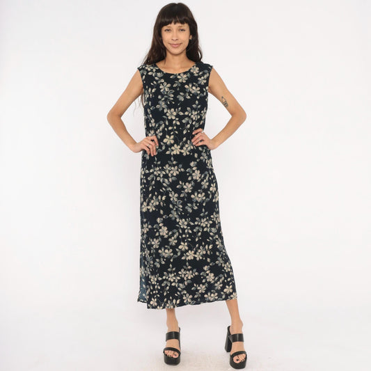 90s Northern Reflections Floral Maxi Dress Navy Cream Grey Keyhole Tie Back Large