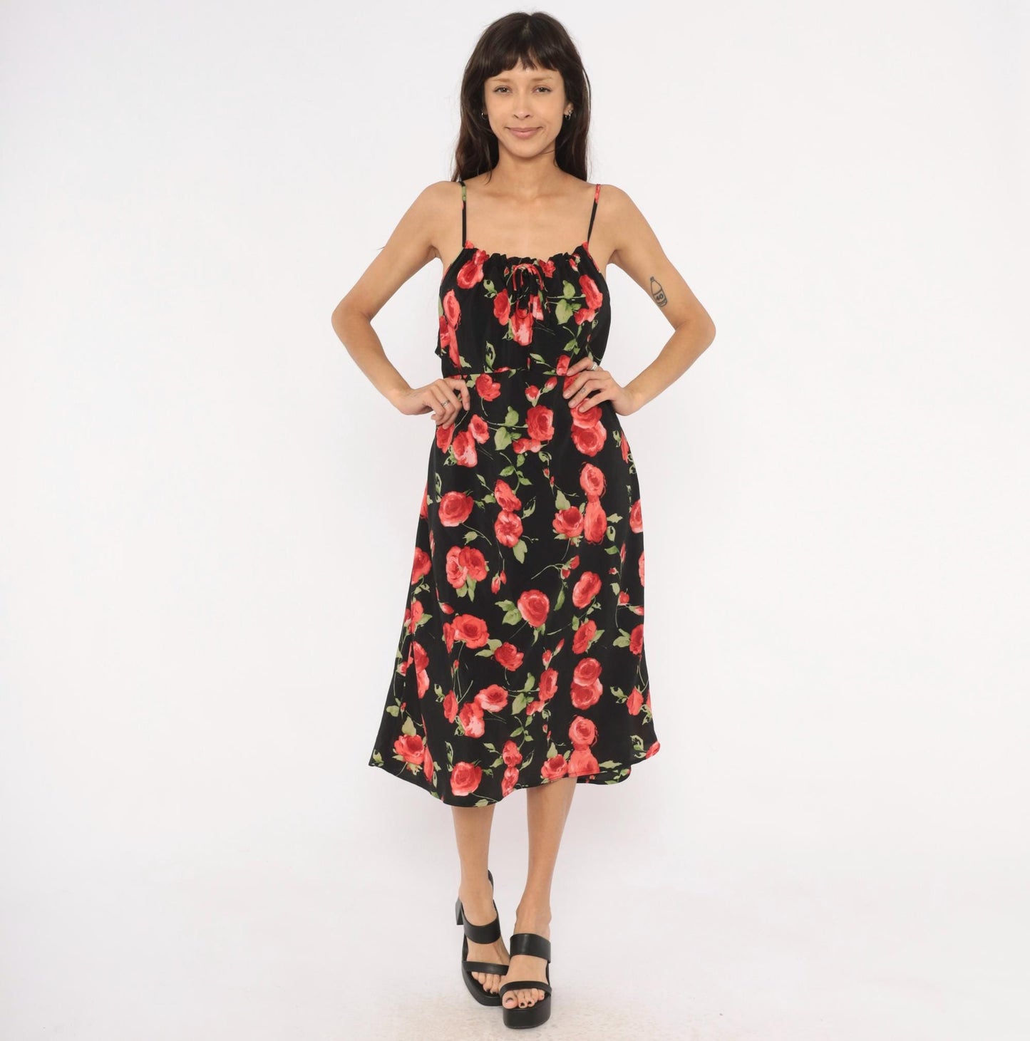 90s Chesley Rose Print Slip Dress Black Midi Spaghetti Strap Open Back Extra Large