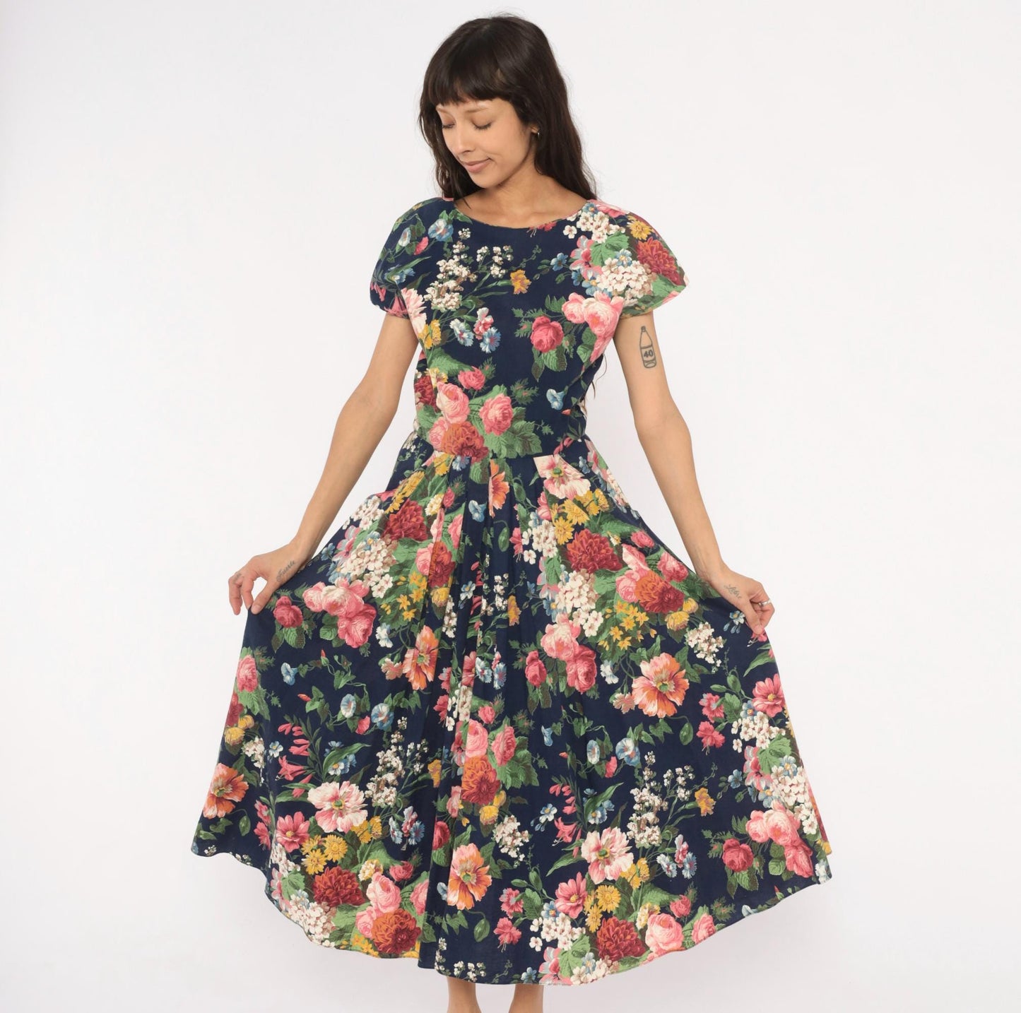 90s E.D. Michaels Floral Midi Dress Navy Cotton Garden Print Scoop Back Small