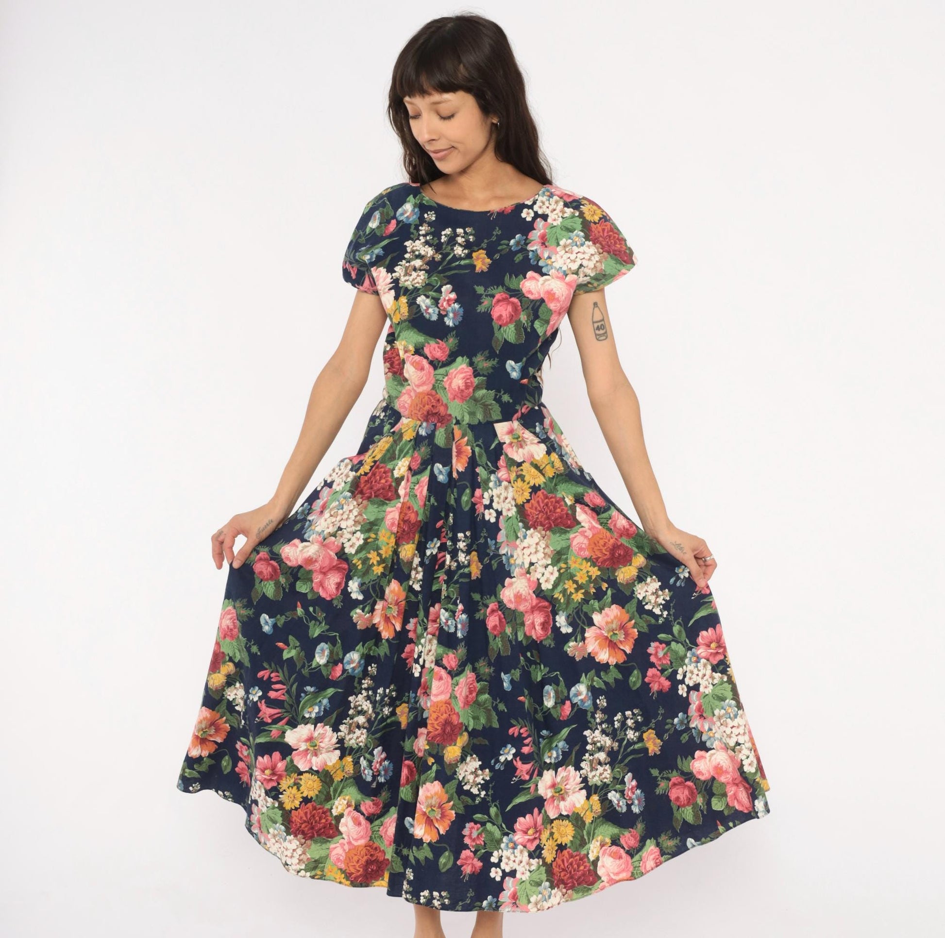 90s E.D. Michaels Floral Midi Dress Navy Cotton Garden Print Scoop Back Small