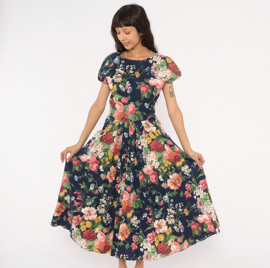 90s E.D. Michaels Floral Midi Dress Navy Cotton Garden Print Scoop Back Small