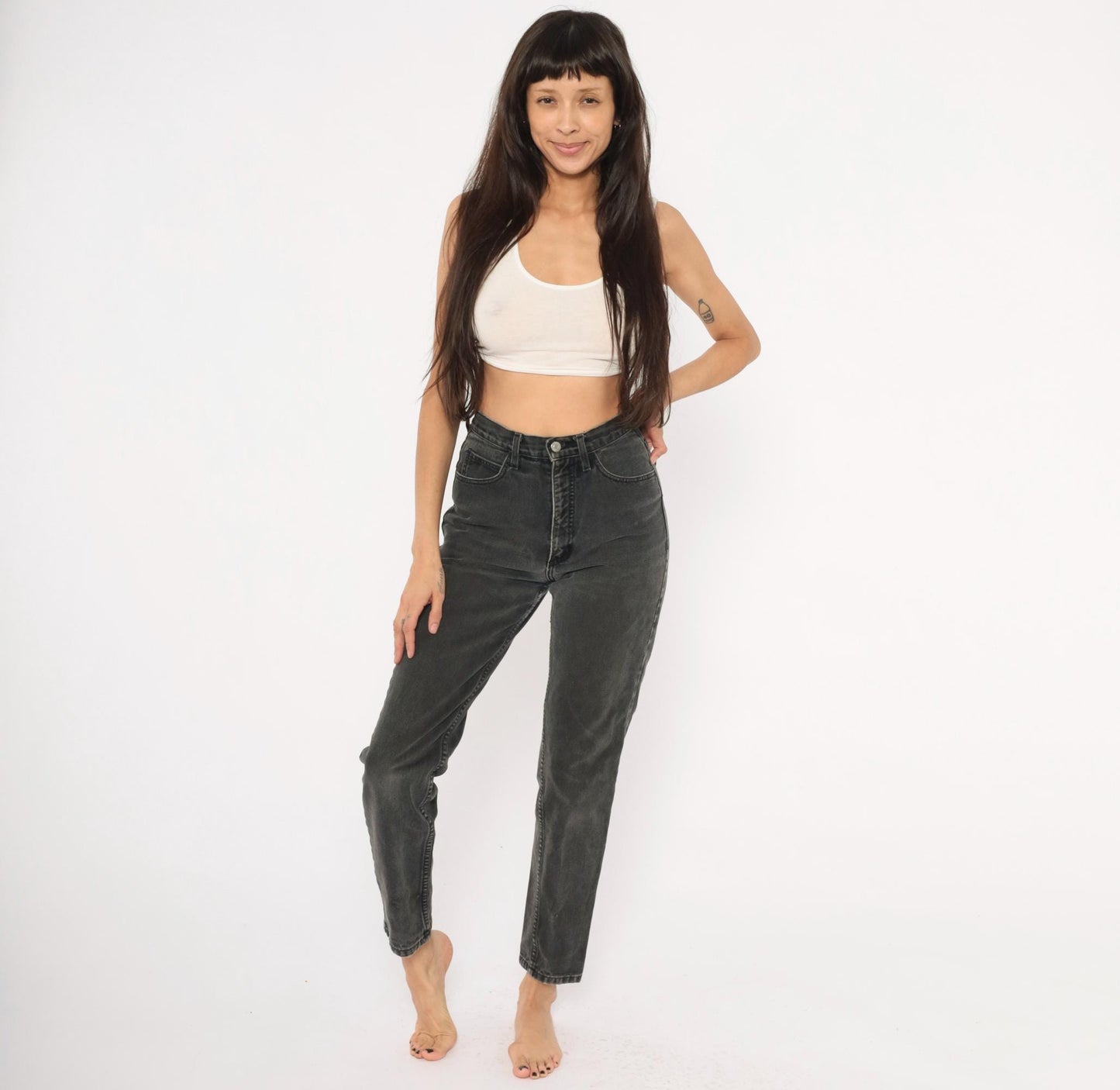 Guess High Waisted Jeans 90s Faded Black Denim Tapered Straight Leg Small