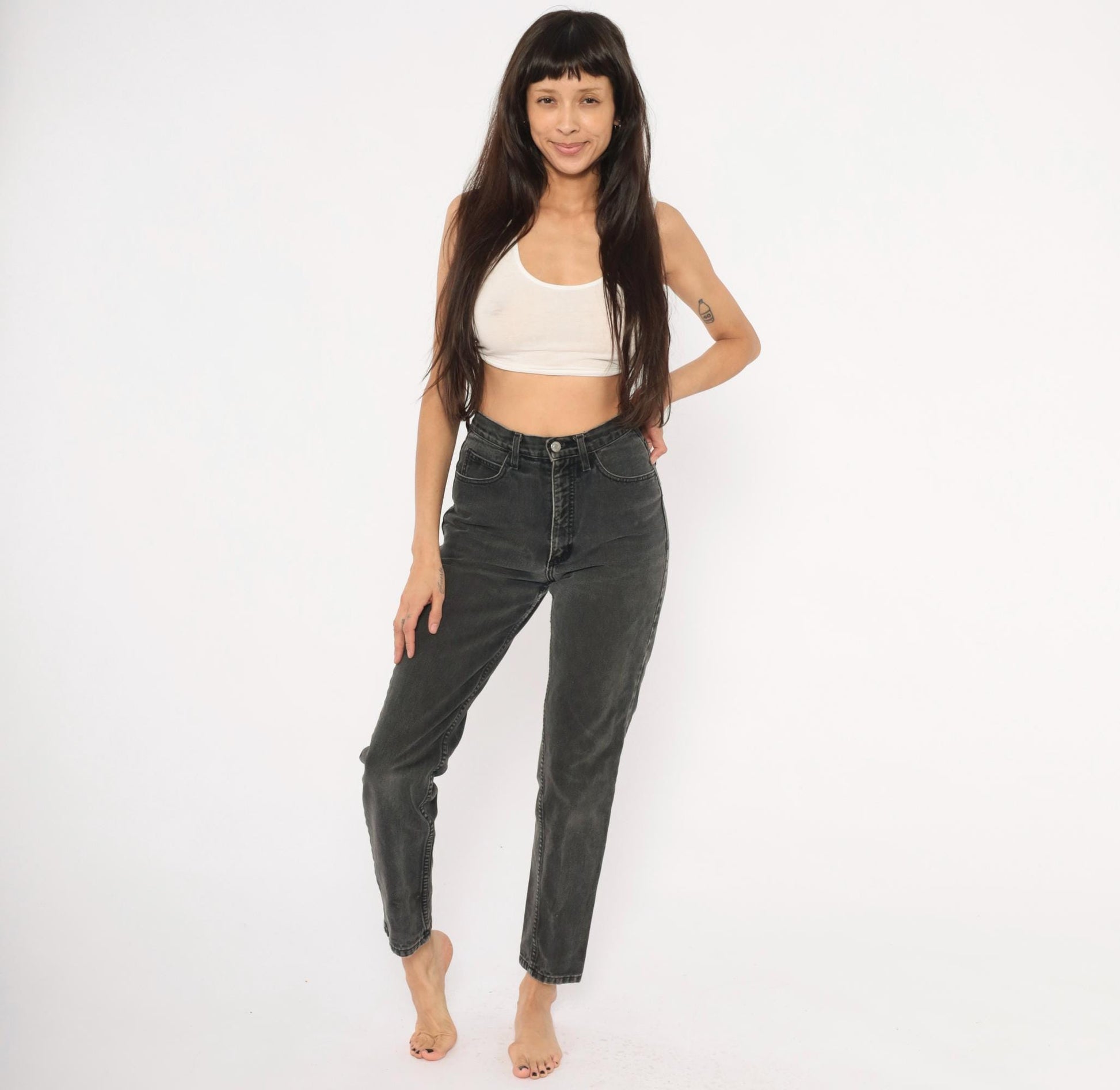 Guess High Waisted Jeans 90s Faded Black Denim Tapered Straight Leg Small