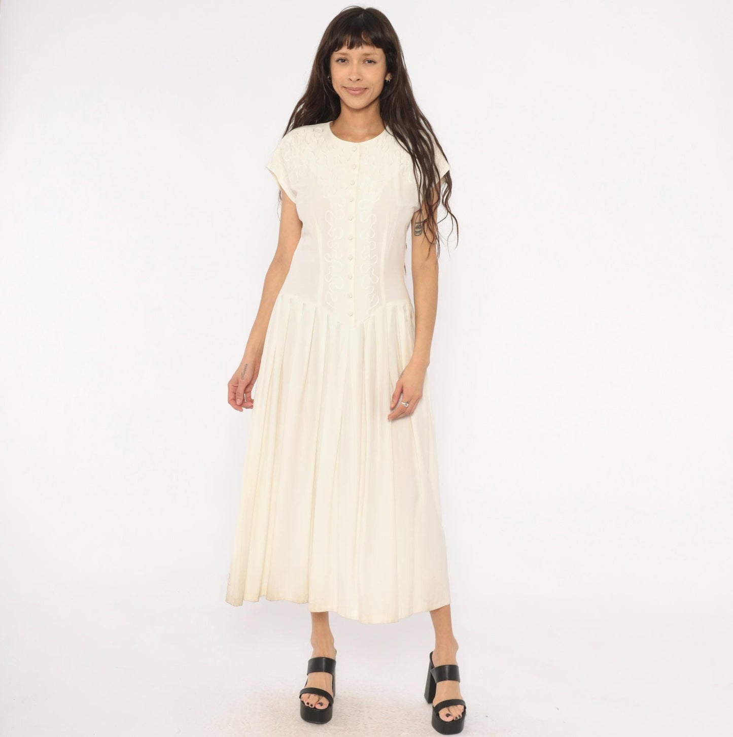 90s Jlt Soutache Embroidered Maxi Dress Cream Button Front Cap Sleeve Medium M