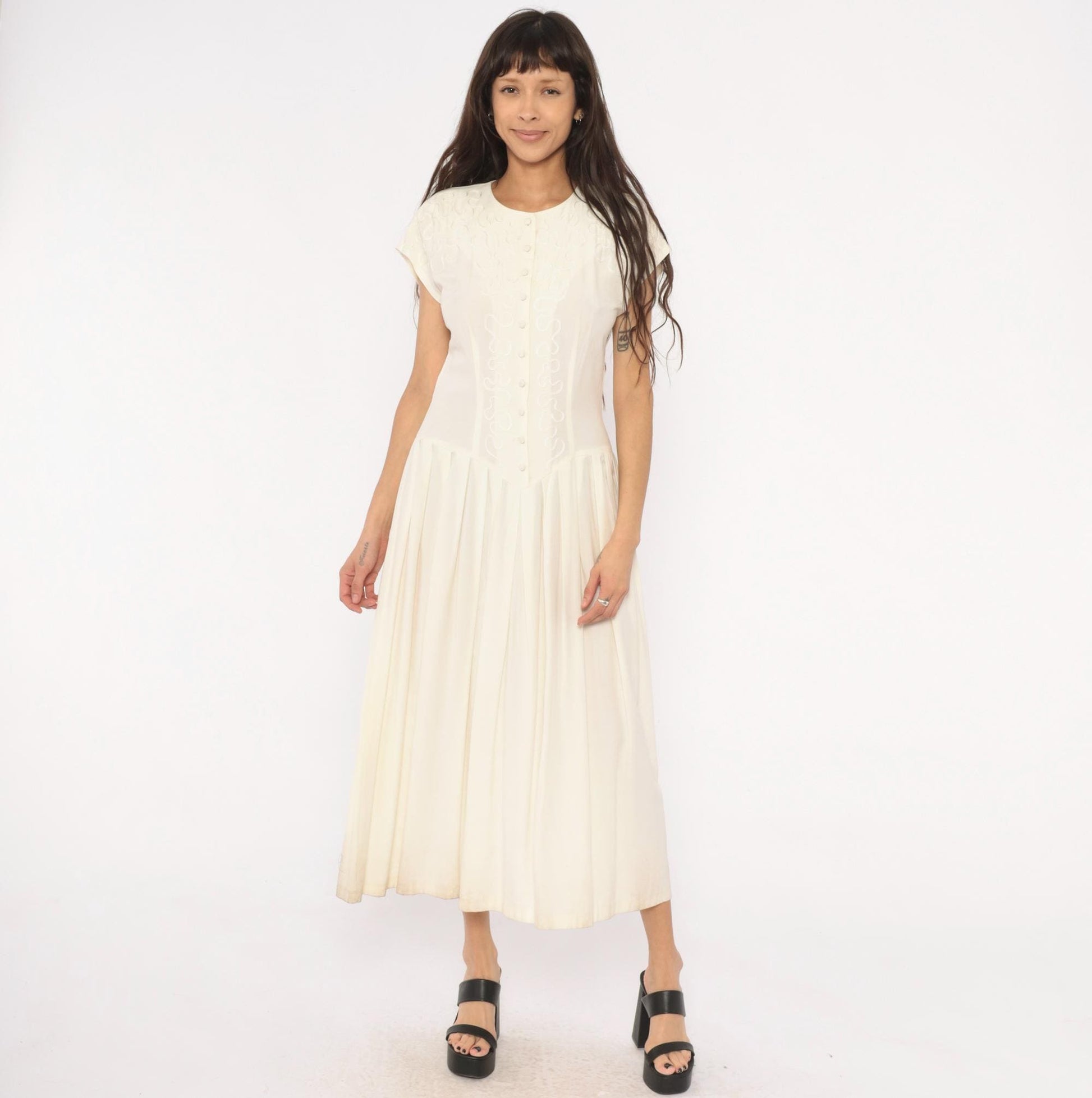 90s Jlt Soutache Embroidered Maxi Dress Cream Button Front Cap Sleeve Medium M