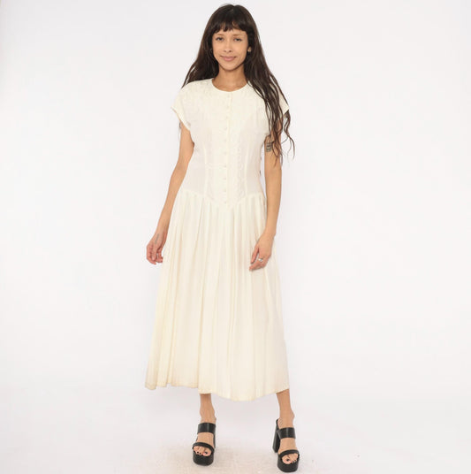 90s Jlt Soutache Embroidered Maxi Dress Cream Button Front Cap Sleeve Medium M