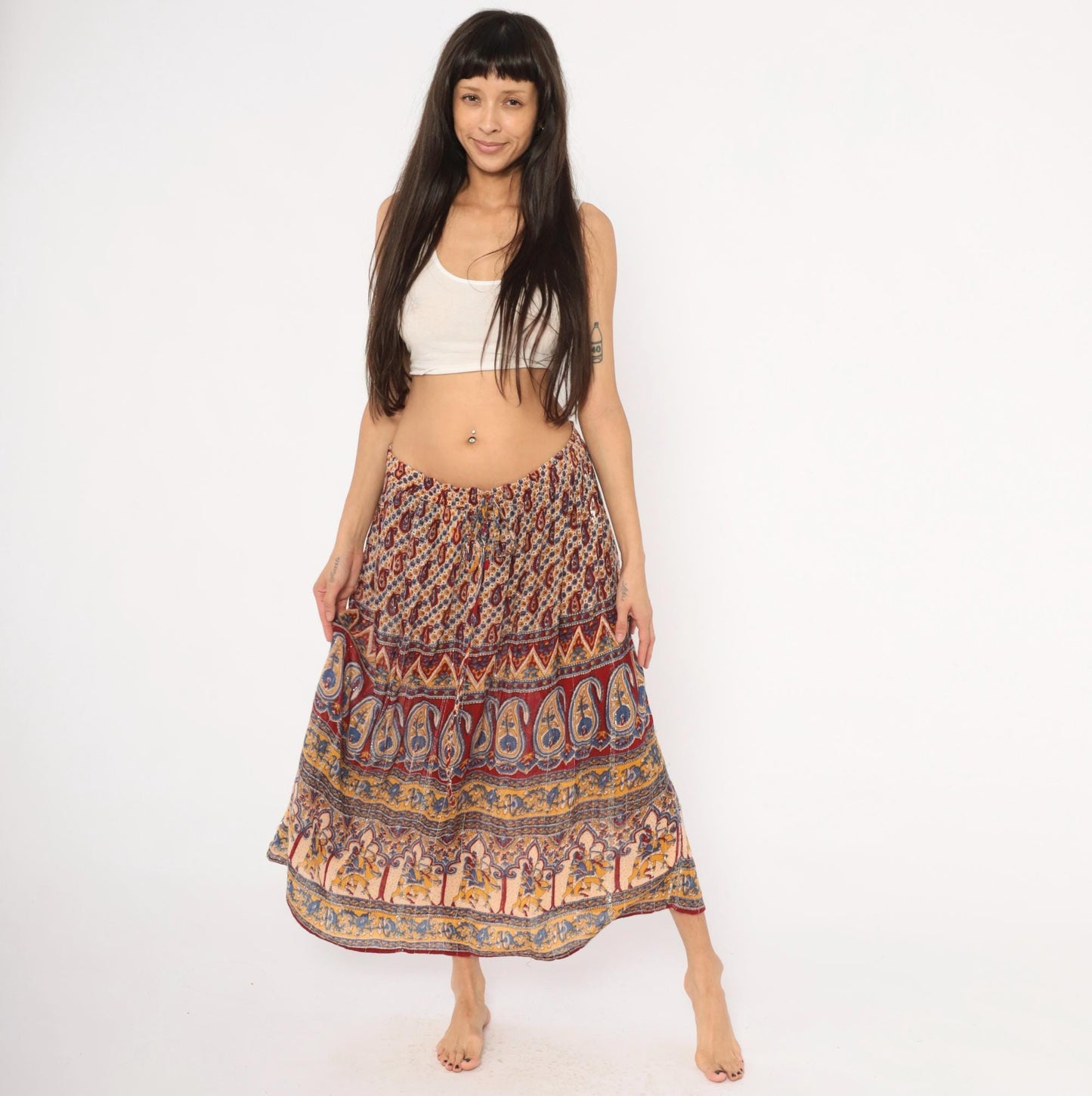 Y2K Lotus Indian Maxi Skirt Burgundy Paisley Gold Drawstring Waist Extra Large XXL