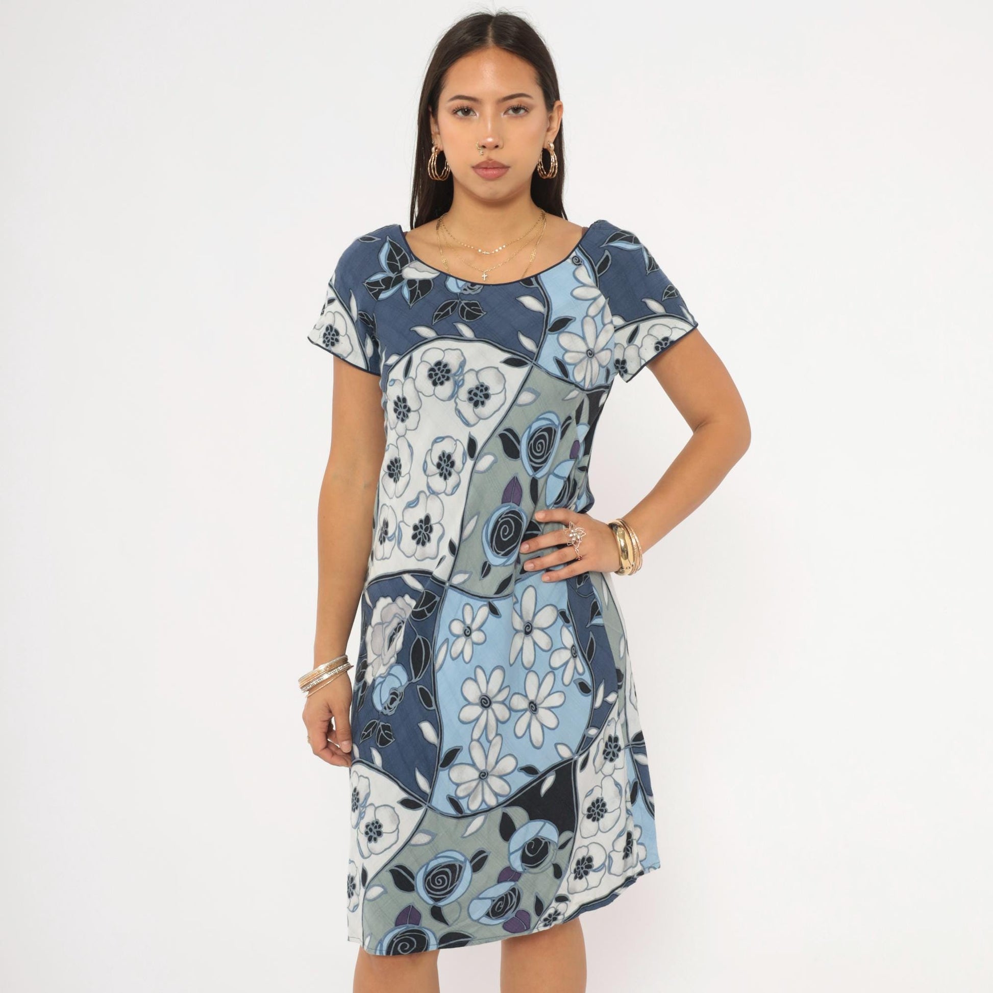 Y2K Iolani Patchwork Floral Mini Dress Navy Sky Blue Rayon Small
