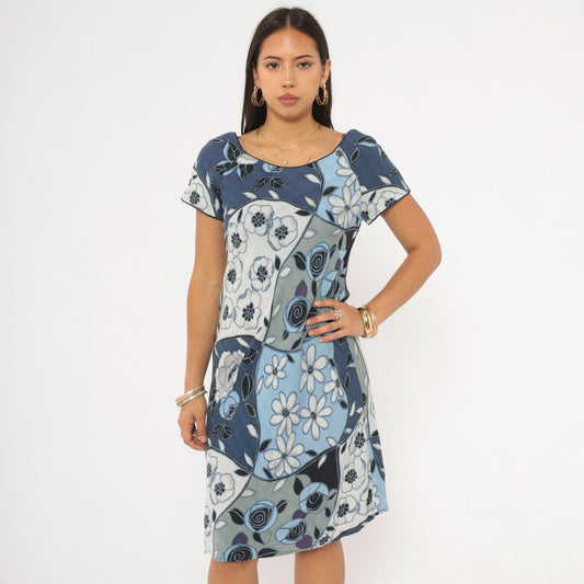 Y2K Iolani Patchwork Floral Mini Dress Navy Sky Blue Rayon Small