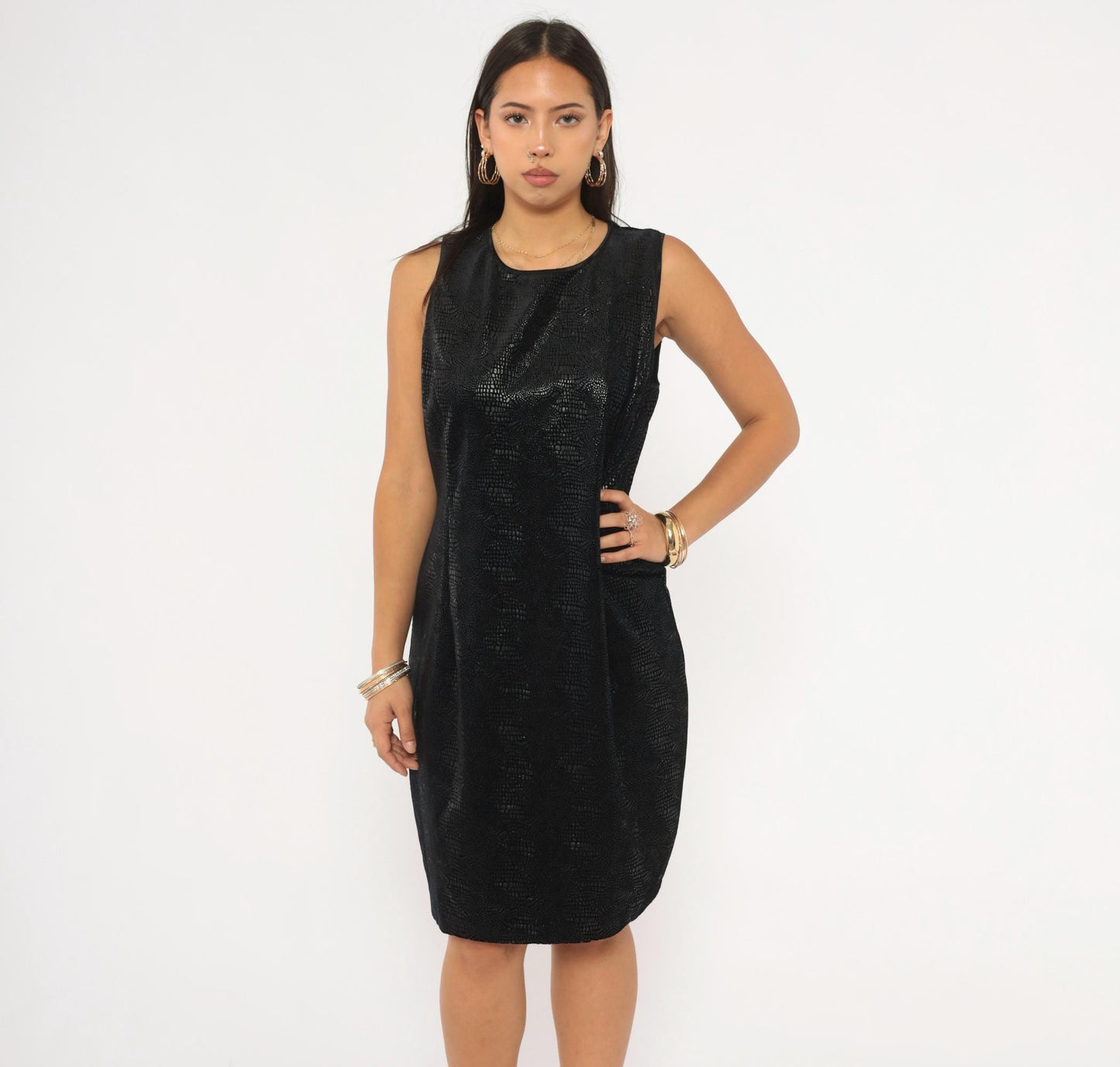 90s Robbie Bee Black Snakeskin Shift Dress Keyhole Back Knee Length Large L