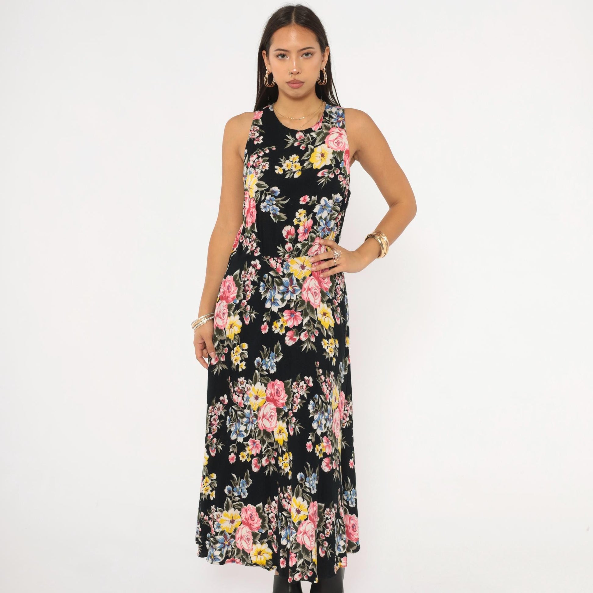 90s Style Works Floral Maxi Dress Black Pink Rose Yellow Blue Sleeveless Medium M