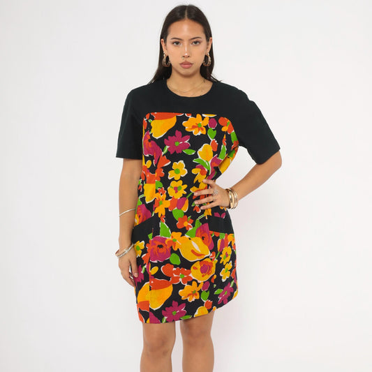 90s Gigi Psychedelic Floral Shift Dress Black Orange Pink Knee Length Medium M