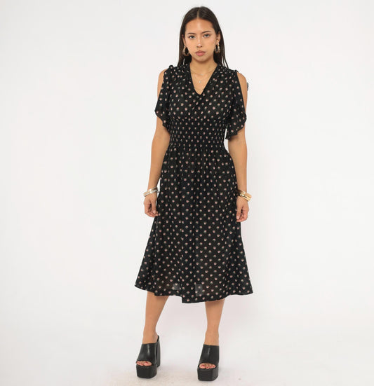 70s Act 1 New York Floral Midi Dress Flutter Sleeve Black Rose Print Small Medium
