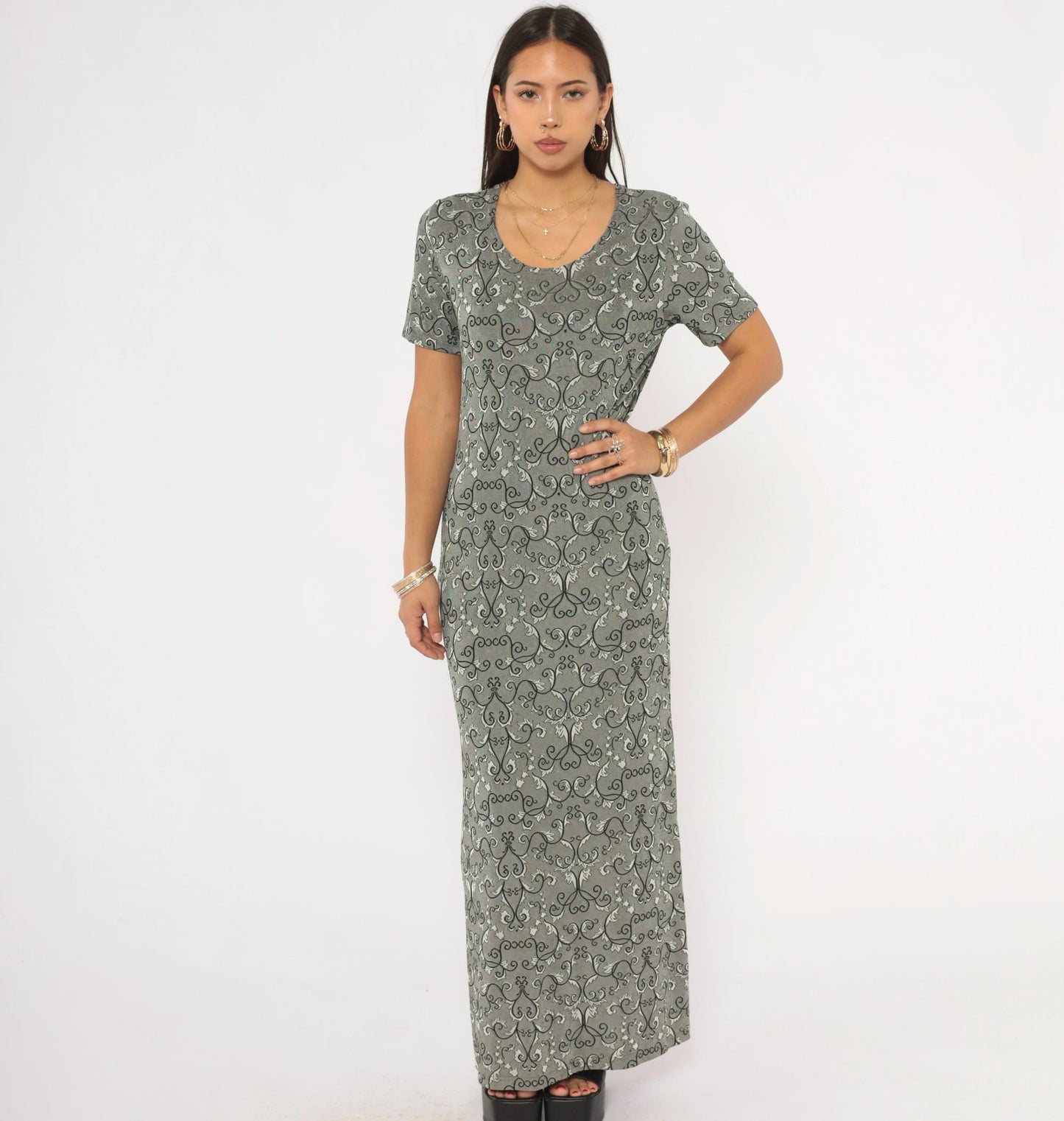 90s Abba Lycra Maxi Dress Baroque Damask Print Charcoal Short Sleeve Large L