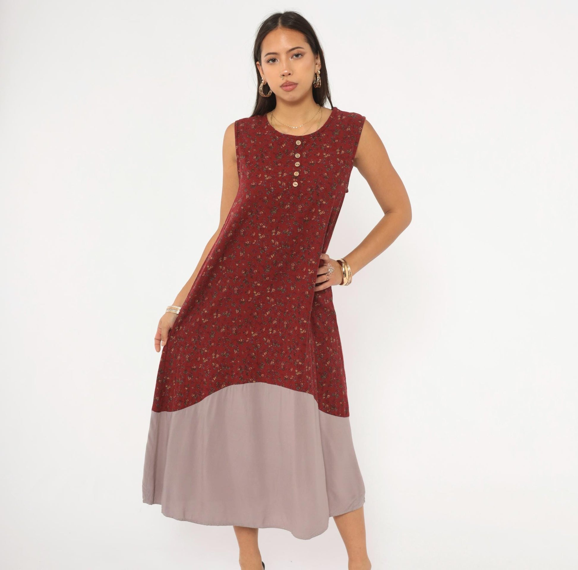 00s Burgundy Floral Ditsy Midi Dress Sleeveless Cotton Shift Small Medium