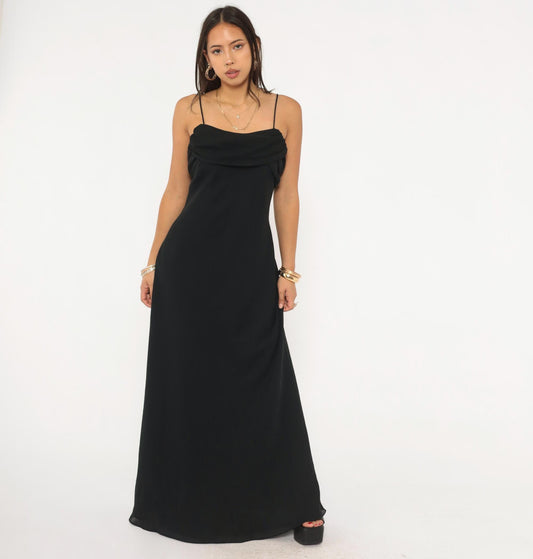 90s Betsy & Adam Black Cowl Neck Maxi Gown Ruched Back Medium M