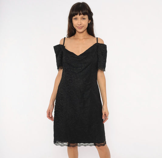 90s Victoria Stephens Black Lace Cold Shoulder Dress Knee Length Large L