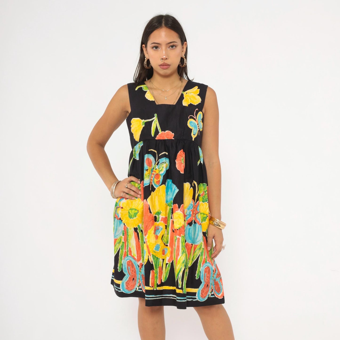 70s Dela Ann Creation Babydoll Dress Black Yellow Butterfly Floral Empire Waist Small