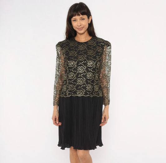 90s Good Times Black Gold Lace Overlay Dress Pleated Skirt Drop Waist Large L