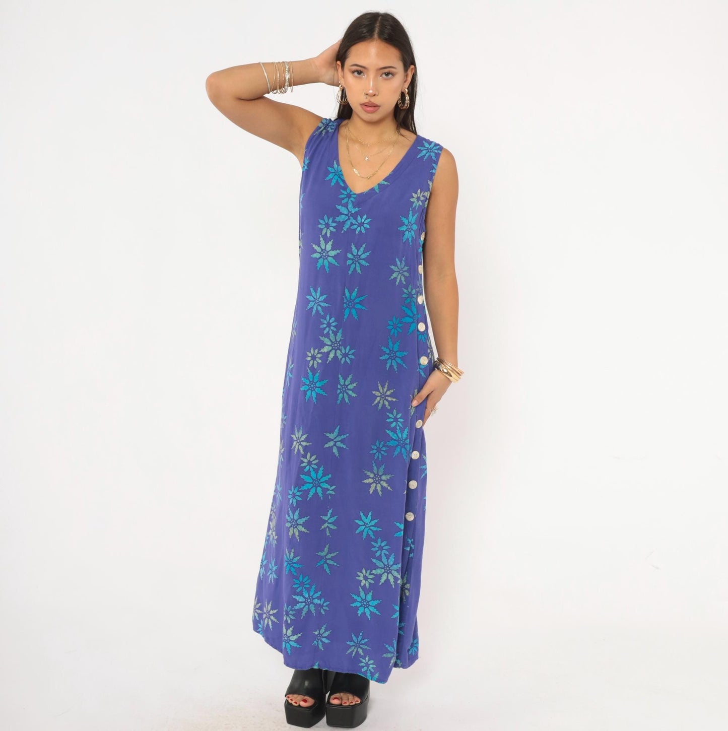 90s Temptation Batik Maxi Dress Purple Teal Starburst Floral Sleeveless Medium