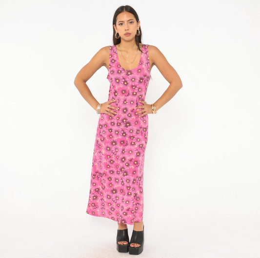 90s Pacific Palm Pink Floral Maxi Dress Daisy Tank Scoop Neck Medium M
