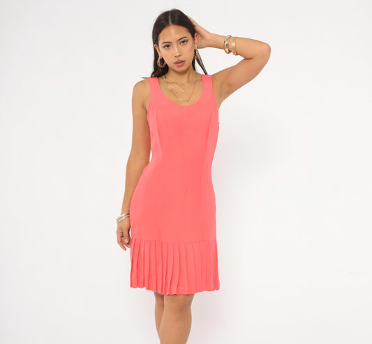 90s Coral Pleated Mini Dress Sleeveless Drop Waist Scoop Neck Small S
