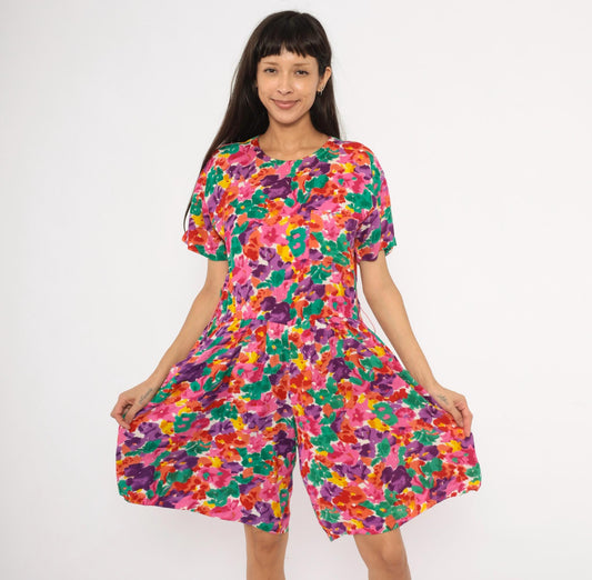 90s S.Roberts Watercolor Floral Romper Pink Purple Green Small