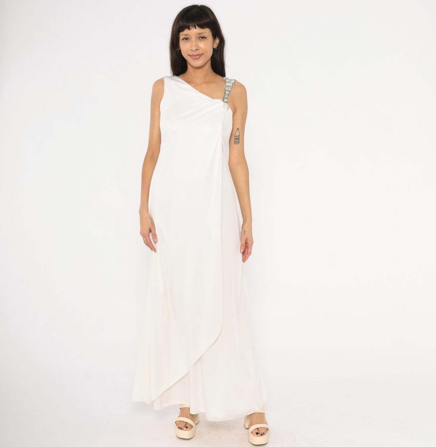 70s White Maxi Gown Asymmetrical Neckline Beaded Crystal Strap Small