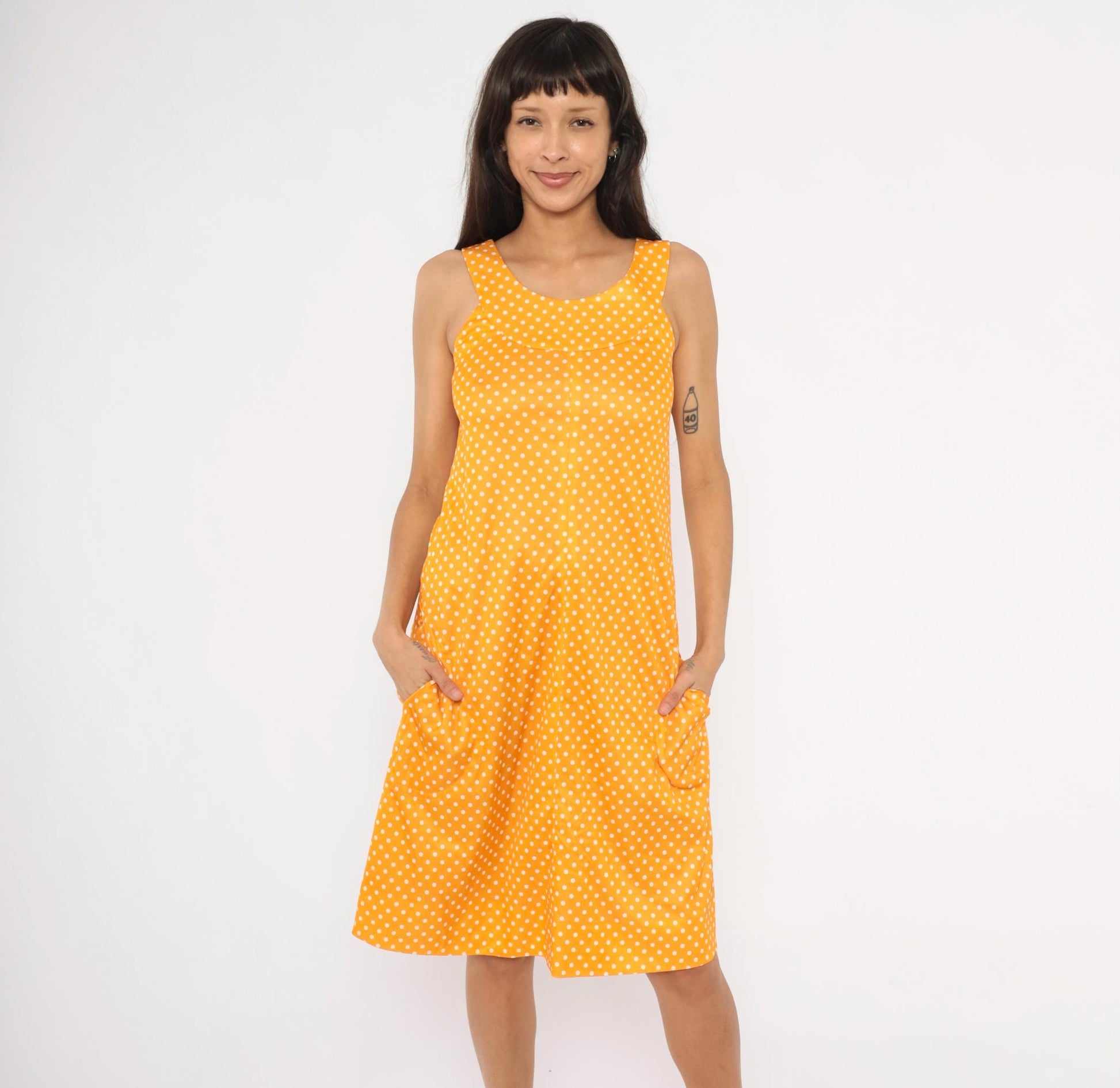 70s Yellow White Polka Dot Sundress Empire Waist Tank Small