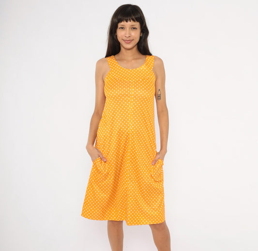 70s Yellow White Polka Dot Sundress Empire Waist Tank Small