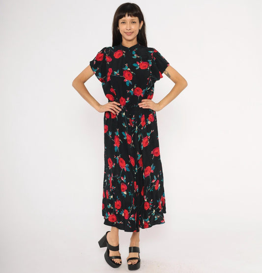 90s Nina Piccalino Black Midi Dress Red Rose Print Mandarin Collar Large L
