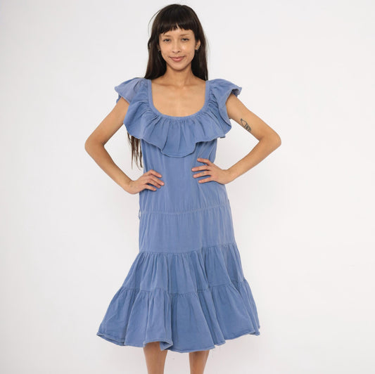 80s Jb Periwinkle Cotton Sundress Tiered Ruffle Midi Powder Blue Large L