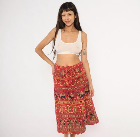 90s Indian Block Print Cotton Wrap Skirt Red Elephant Floral Small