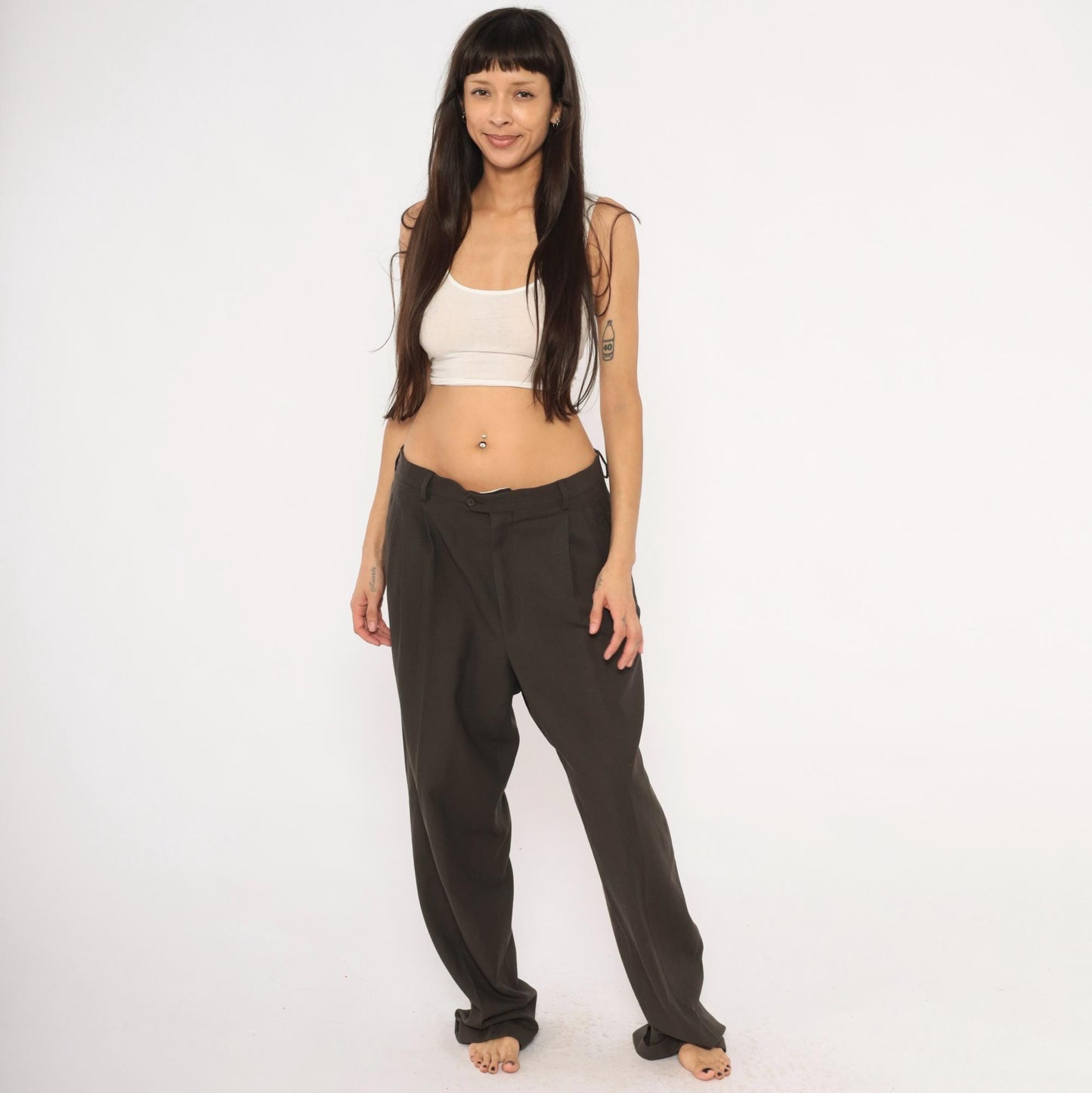 70s Wool Pleated Trousers Brown Micro-Check Wide Leg Dress Pants 36x33